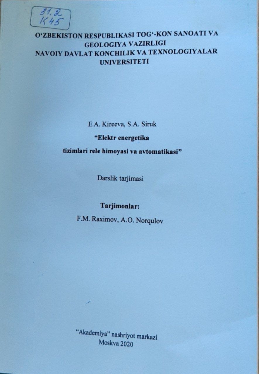 Elektr energetika tizimlari rele himoyasi va avtomatikasi